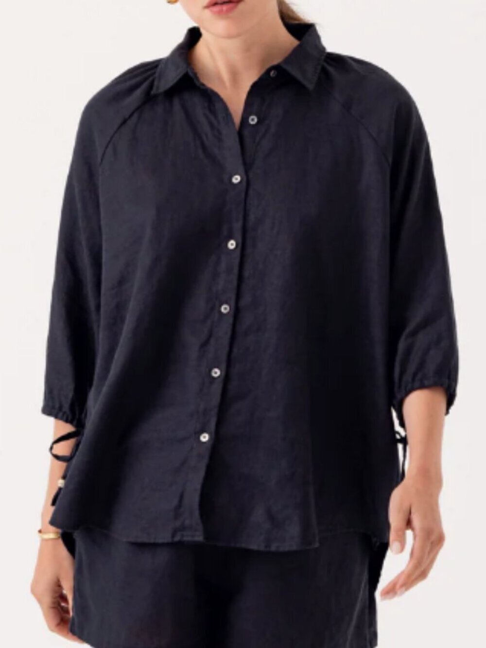 Sundays Fisher linen button shirt top blouse tie gold black over-sized new XS